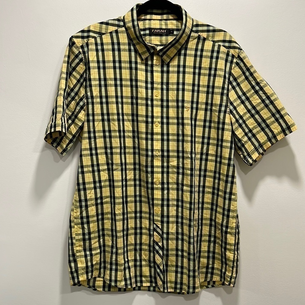𝅺FARAH Blue Yellow Plaid Casual Short Sleeve Shirt Button Down size XL